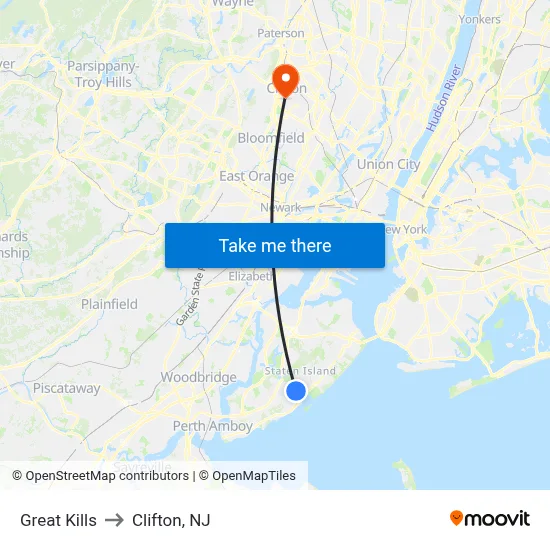 Great Kills to Clifton, NJ map