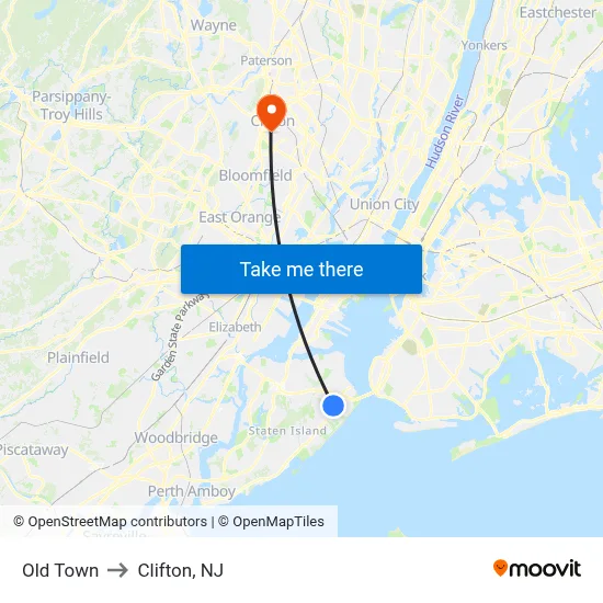 Old Town to Clifton, NJ map