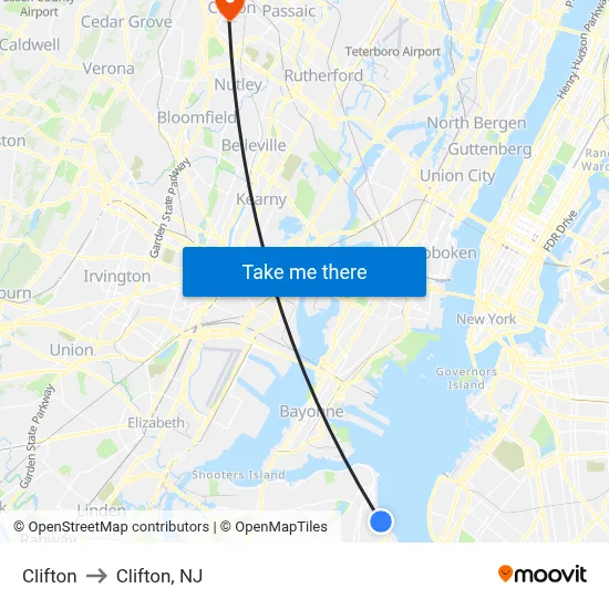 Clifton to Clifton, NJ map