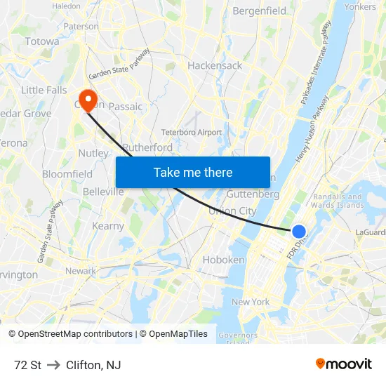 72 St to Clifton, NJ map