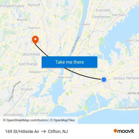 169 St/Hillside Av to Clifton, NJ map