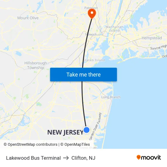 Lakewood Bus Terminal to Clifton, NJ map