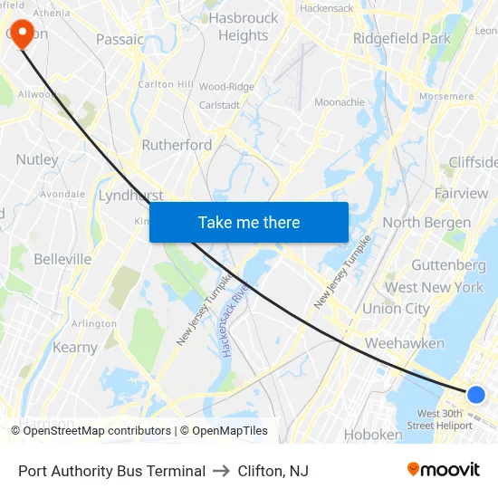 Port Authority Bus Terminal to Clifton, NJ map
