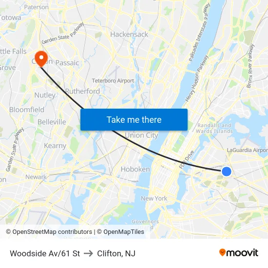 Woodside Av/61 St to Clifton, NJ map