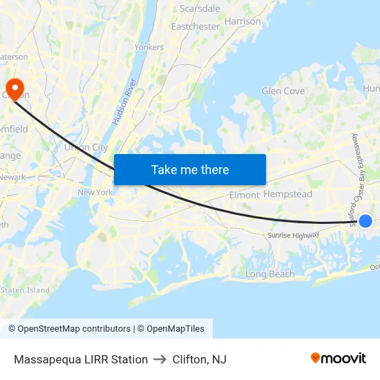Massapequa LIRR Station to Clifton, NJ map