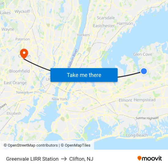 Greenvale LIRR Station to Clifton, NJ map