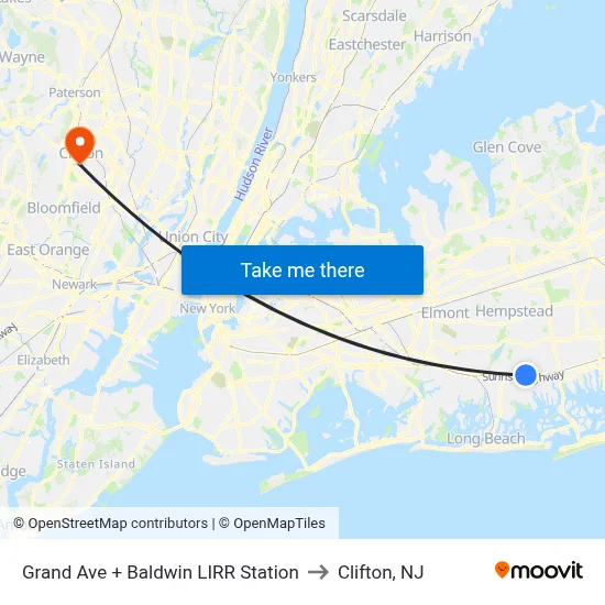Grand Ave + Baldwin LIRR Station to Clifton, NJ map