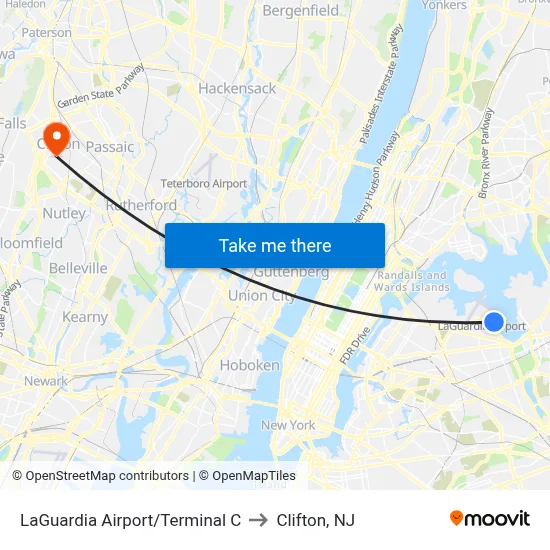 LaGuardia Airport/Terminal C to Clifton, NJ map