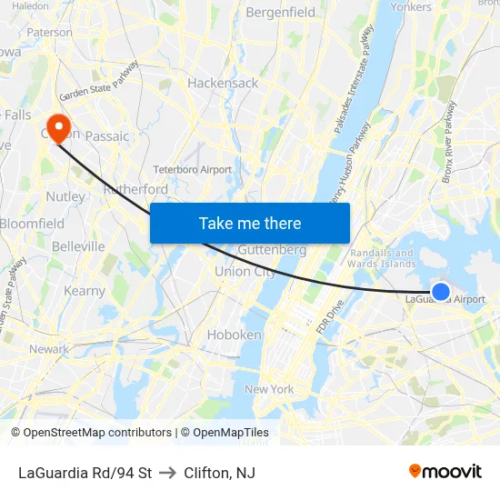 LaGuardia Rd/94 St to Clifton, NJ map