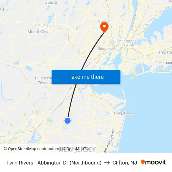 Twin Rivers -  Abbington Dr (Northbound) to Clifton, NJ map