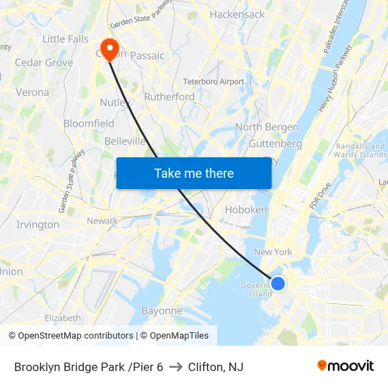 Brooklyn Bridge Park /Pier 6 to Clifton, NJ map
