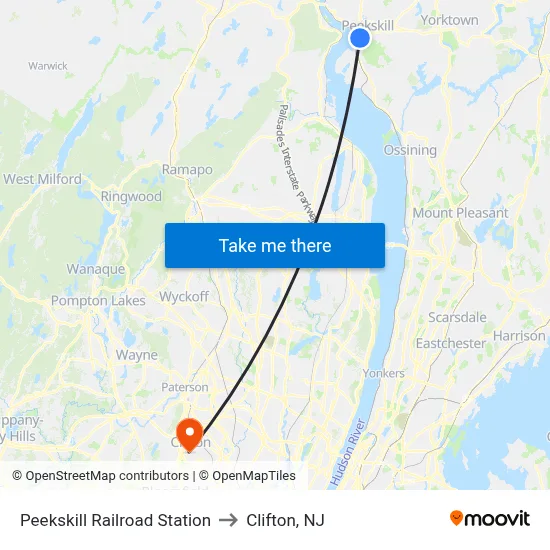 Peekskill Railroad Station to Clifton, NJ map