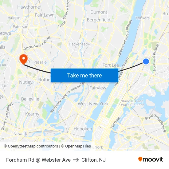 Fordham Rd @ Webster Ave to Clifton, NJ map
