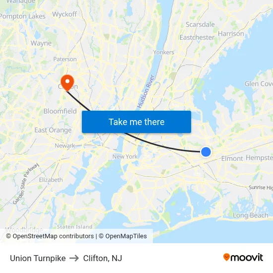 Union Turnpike to Clifton, NJ map