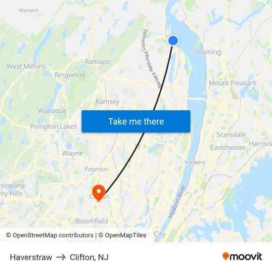 Haverstraw to Clifton, NJ map