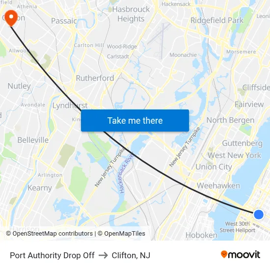 Port Authority Drop Off to Clifton, NJ map