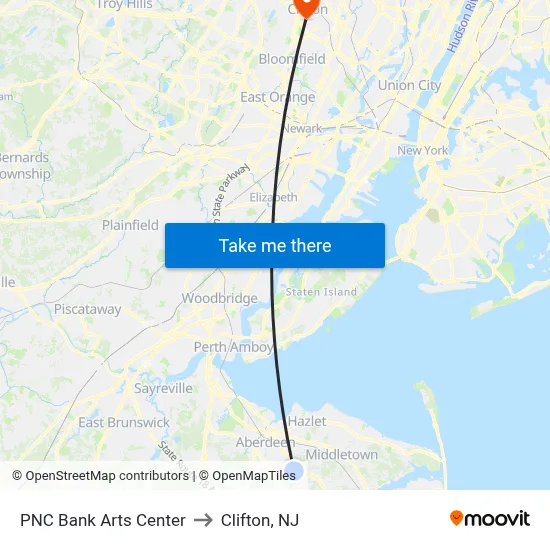 PNC Bank Arts Center to Clifton, NJ map