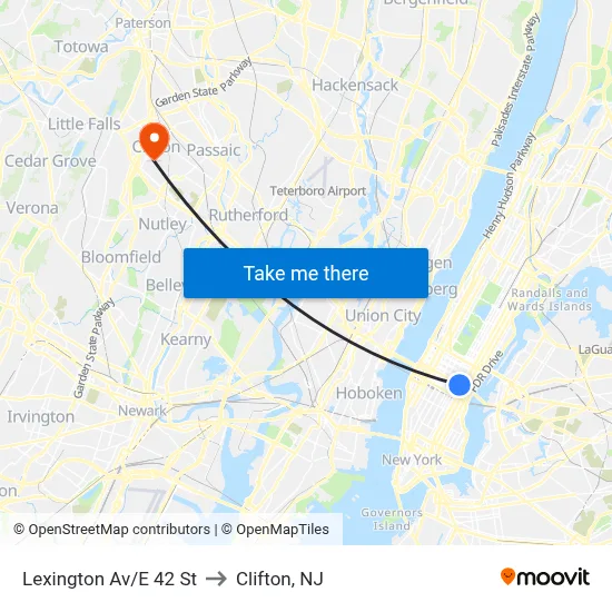 Lexington Av/E 42 St to Clifton, NJ map