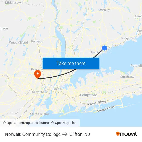 Norwalk Community College to Clifton, NJ map