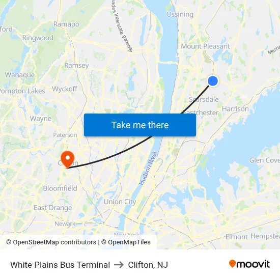 White Plains Bus Terminal to Clifton, NJ map