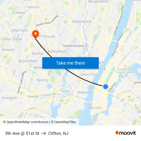 5th Ave @ 51st St to Clifton, NJ map