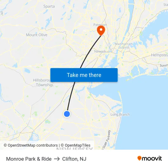 Monroe Park & Ride to Clifton, NJ map