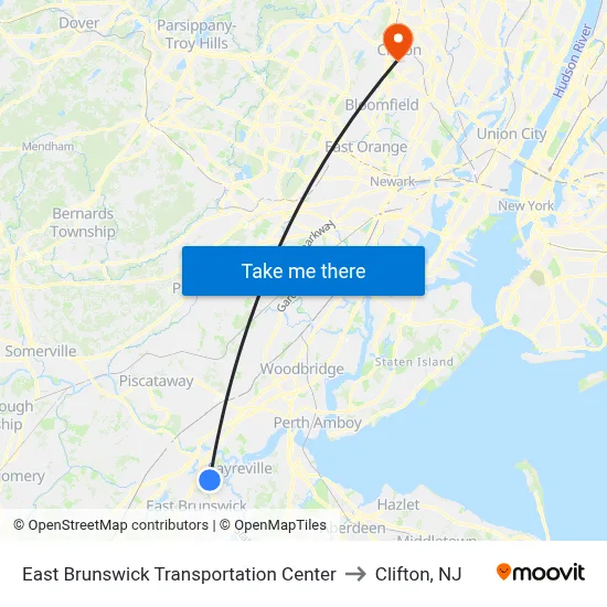 East Brunswick Transportation Center to Clifton, NJ map