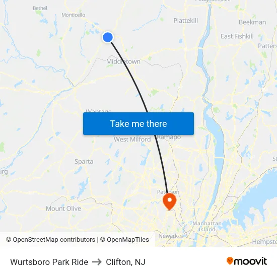 Wurtsboro Park Ride to Clifton, NJ map