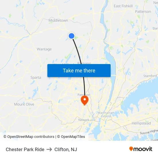 Chester Park Ride to Clifton, NJ map