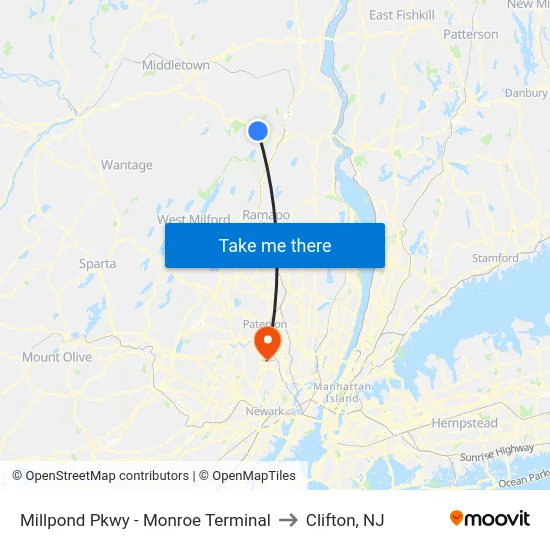 Millpond Pkwy - Monroe Terminal to Clifton, NJ map