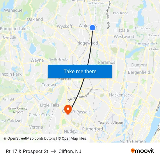 Rt 17 & Prospect St to Clifton, NJ map
