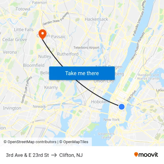 3rd Ave & E 23rd St to Clifton, NJ map