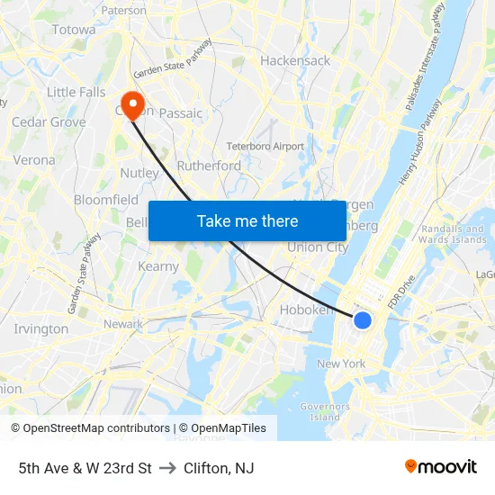 5th Ave & W 23rd St to Clifton, NJ map