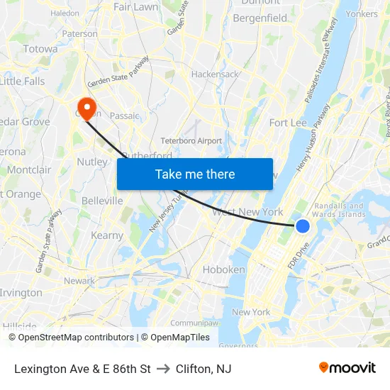 Lexington Ave & E 86th St to Clifton, NJ map