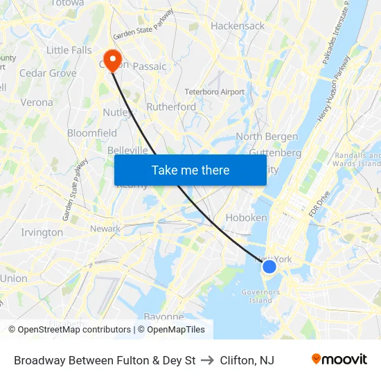 Broadway Between Fulton & Dey St to Clifton, NJ map