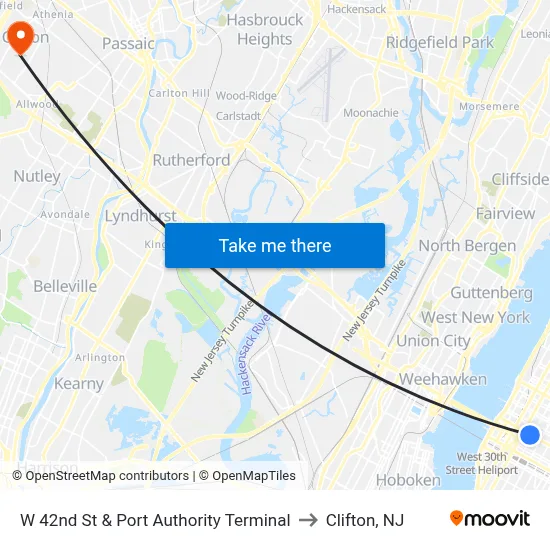 W 42nd St & Port Authority Terminal to Clifton, NJ map