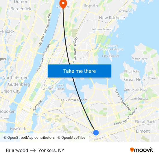 Briarwood to Yonkers, NY map