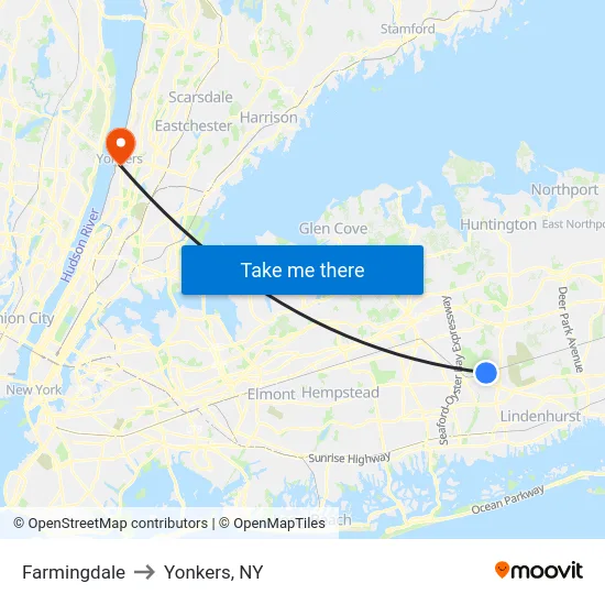 Farmingdale to Yonkers, NY map
