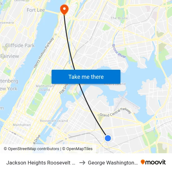 Jackson Heights Roosevelt Avenue 74th Street Station to George Washington Bridge Bus Station map