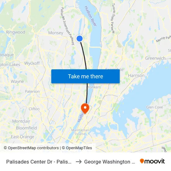 Palisades Center Dr - Palisades Center Mall Lot J to George Washington Bridge Bus Station map
