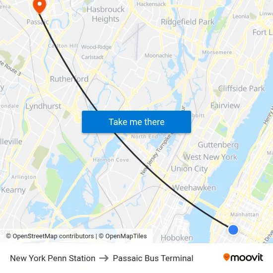 New York Penn Station to Passaic Bus Terminal map
