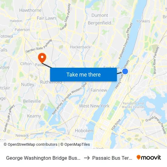 George Washington Bridge Bus Station to Passaic Bus Terminal map