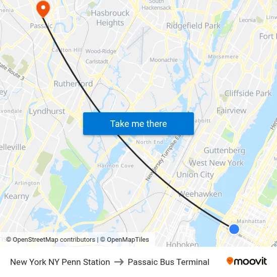 New York NY Penn Station to Passaic Bus Terminal map