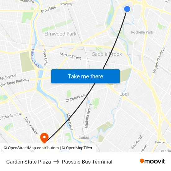 Garden State Plaza to Passaic Bus Terminal map