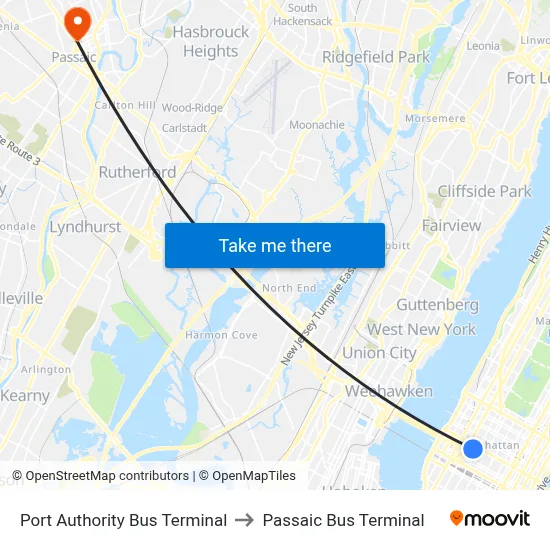 Port Authority Bus Terminal to Passaic Bus Terminal map
