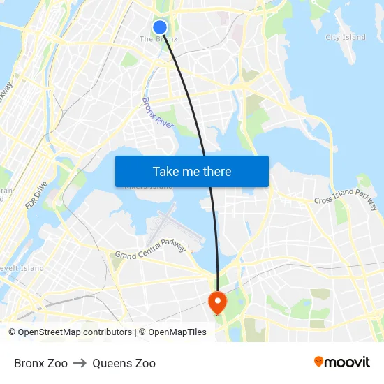 Bronx Zoo to Queens Zoo map