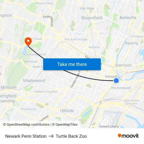 Newark Penn Station to Turtle Back Zoo map