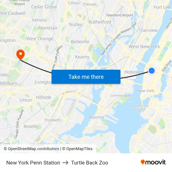 New York Penn Station to Turtle Back Zoo map