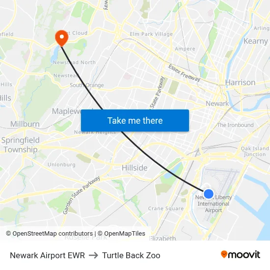 Newark Airport EWR to Turtle Back Zoo map