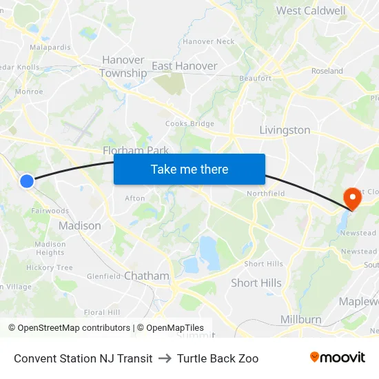 Convent Station NJ Transit to Turtle Back Zoo map